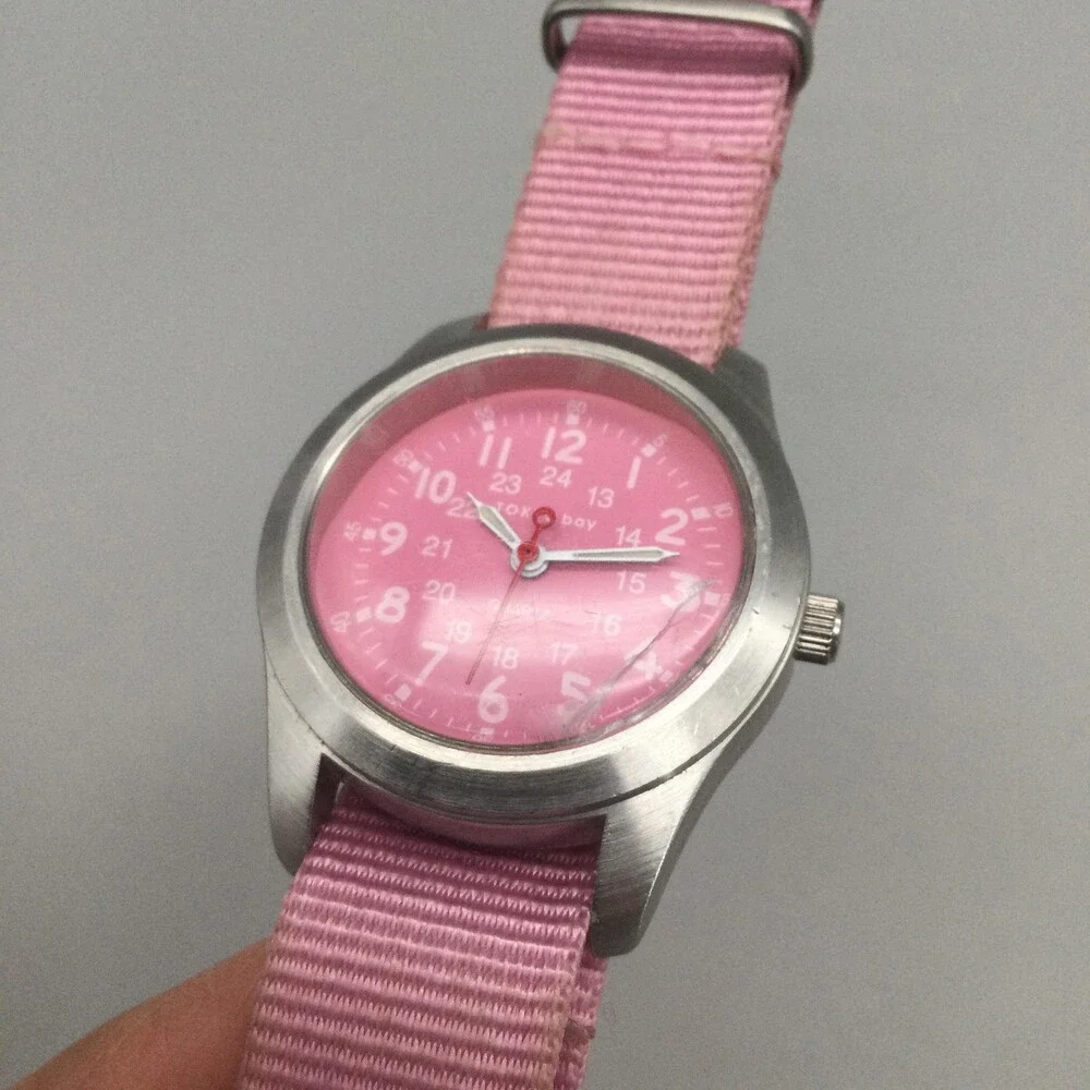 TOKYObay Womens Watch 32mm Pink Dial Nylon CRACKED CRYSTAL New Battery
